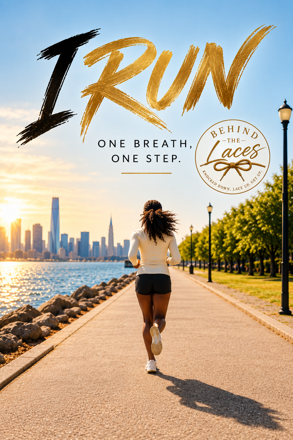 I Run artwork showing a runner on a lakefront path at sunrise